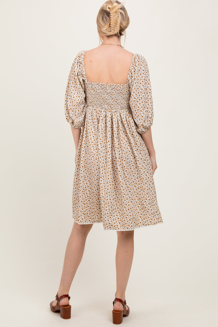 Cream Floral Pleated Bodice Lace Trim Midi Dress