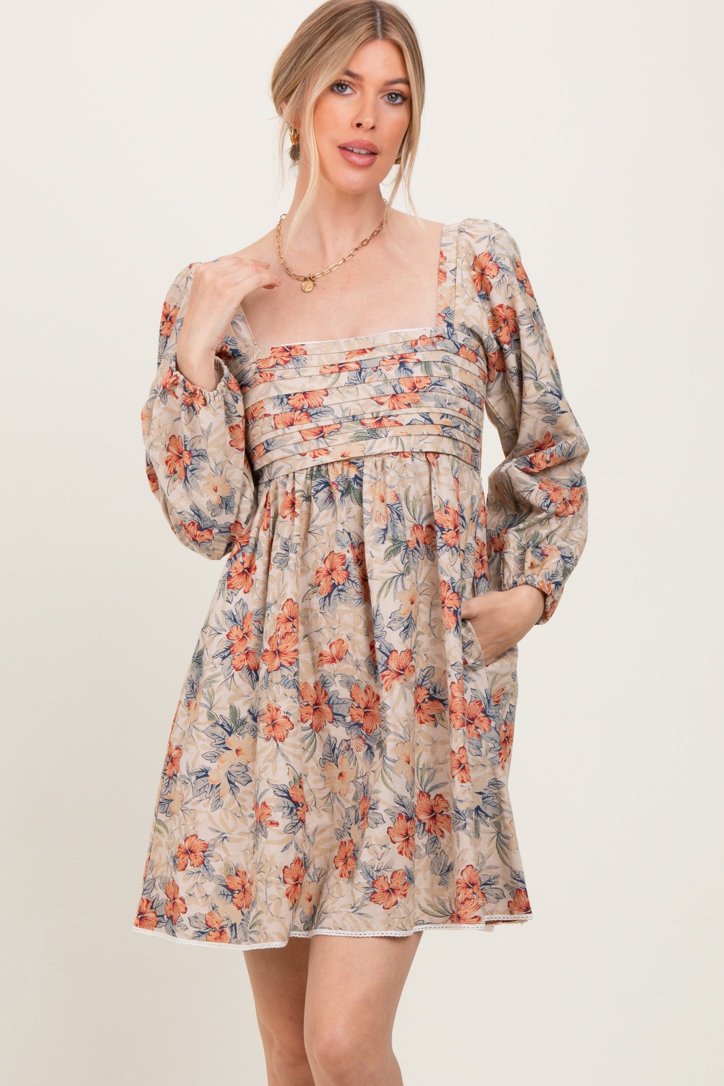 Cream Tropical Floral Pleated Bodice Maternity Dress