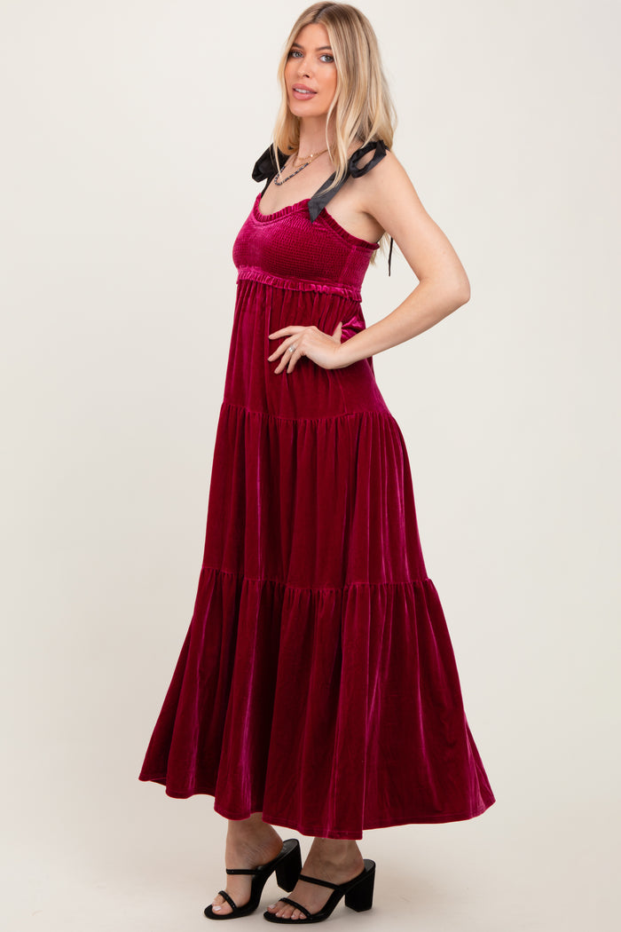 Burgundy Velvet Smocked Satin Shoulder Tie Maxi Dress