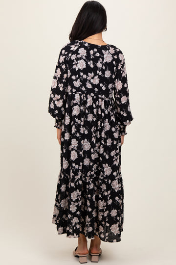 Black Floral Textured Bubble Sleeve Maxi Dress