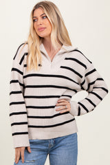 Cream Black Striped Knit Half Zip Sweater