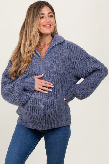 Blue Chunky Knit Quarter Zip Maternity Sweater