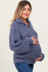 Blue Chunky Knit Quarter Zip Maternity Sweater