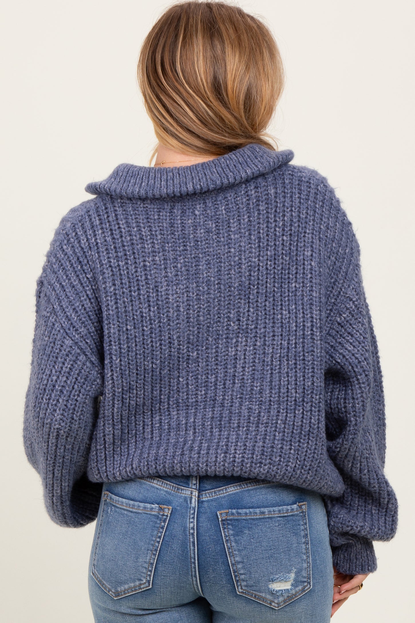 Blue Chunky Knit Quarter Zip Sweater