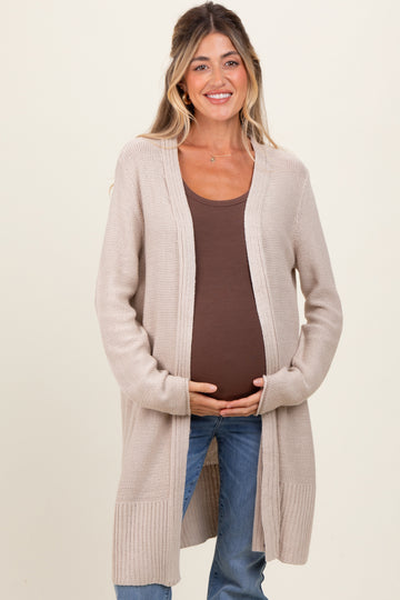 Beige Contrast Rib Long Maternity Open Cardigan