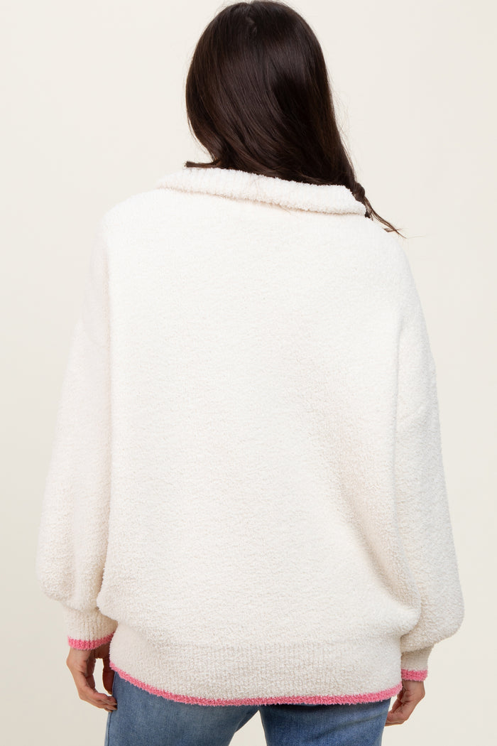 Cream Soft Fuzzy Knit Quarter Zip Pullover Sweater