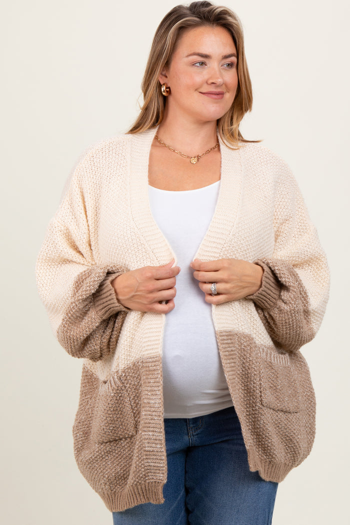 Cream Colorblock Bubble Sleeve Maternity Plus Cardigan
