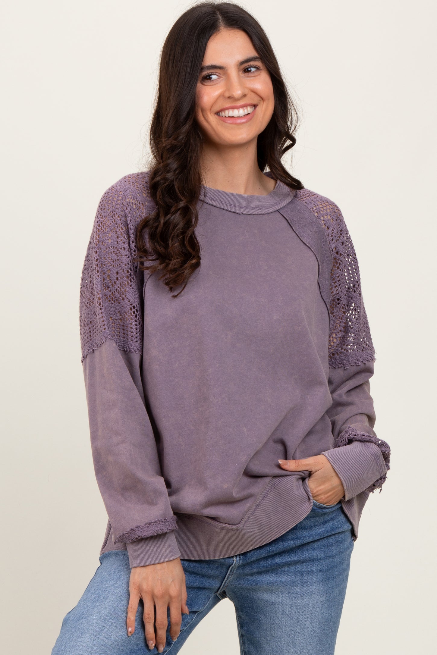 Lavender Lace Inset Exposed Seam Maternity Pullover Top