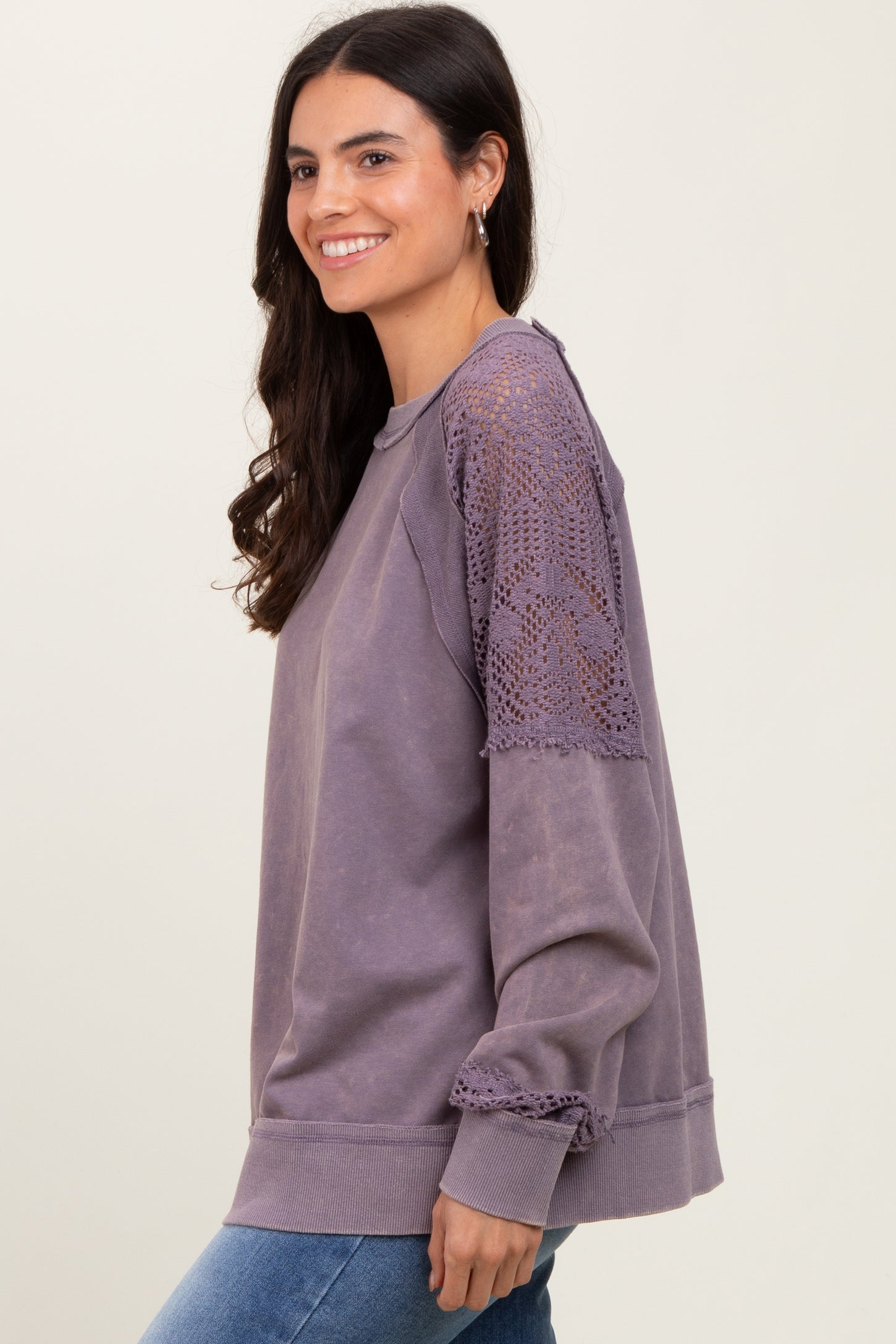 Lavender Lace Inset Exposed Seam Pullover Top