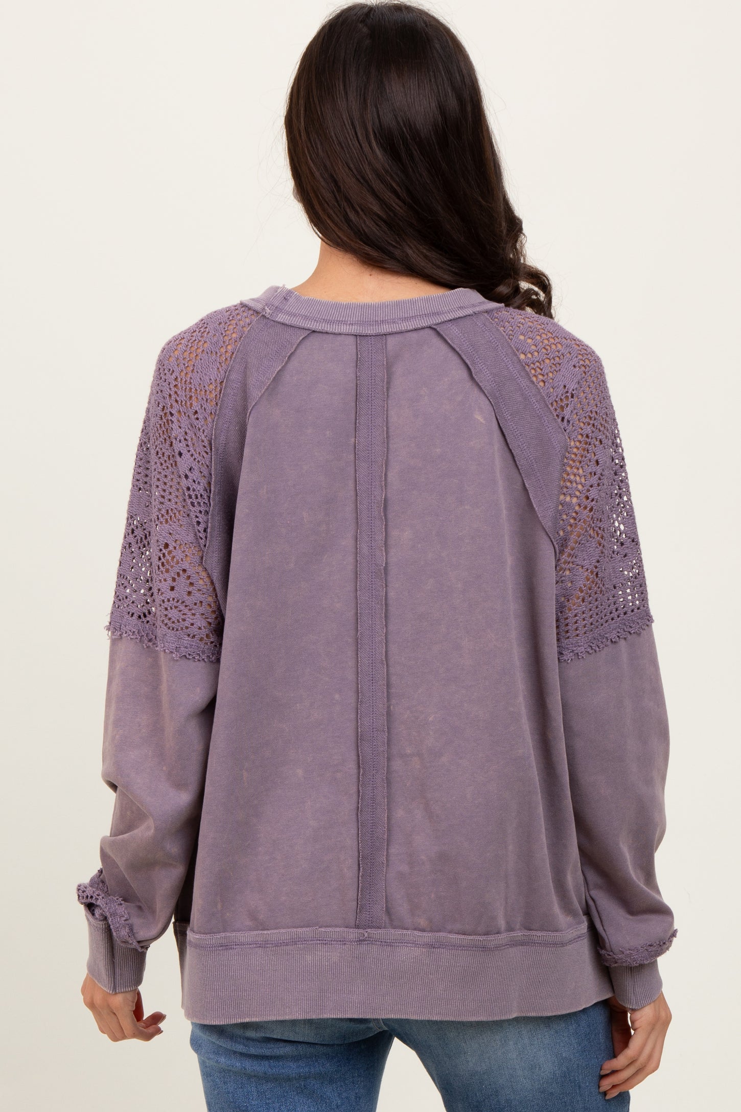 Lavender Lace Inset Exposed Seam Pullover Top