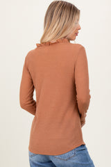 Camel Ruffle Collar Micro Waffle Knit Henley Top