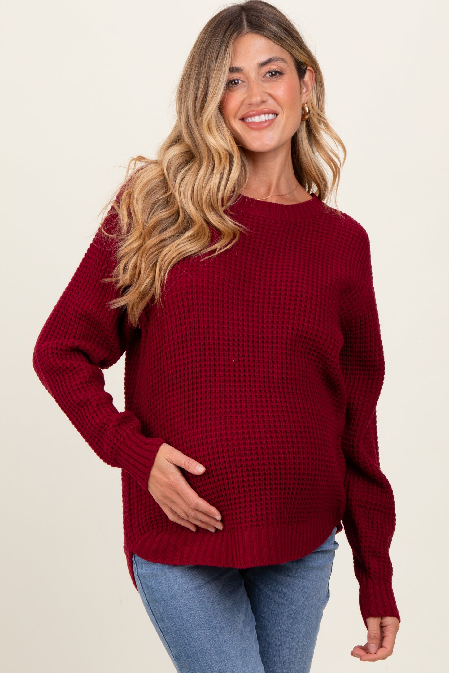 Burgundy Waffle Knit Rounded Hem Maternity Sweater
