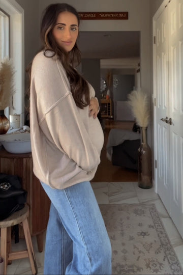 Beige Oversized Crewneck Melange Knit Maternity Sweater