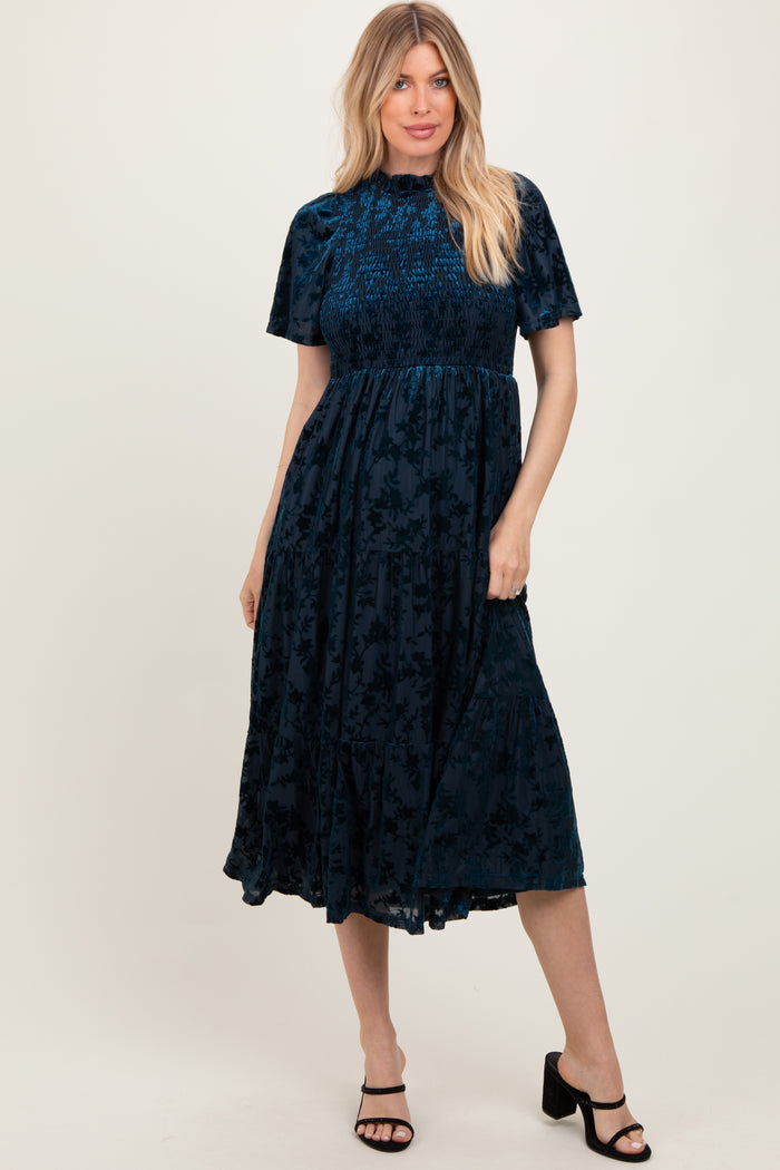 Navy Floral Velvet Print Smocked Midi Dress