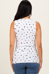 Cream Floral Print Ribbed Henley Sleeveless Top