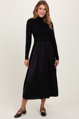Black Knit Contrast Top Satin Midi Dress