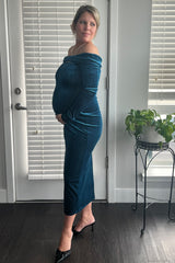 Teal Shiny Velour Off Shoulder Maternity Midi Dress