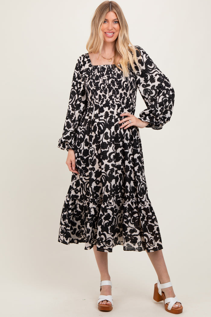 Black Floral Damask Print Smocked Midi Dress