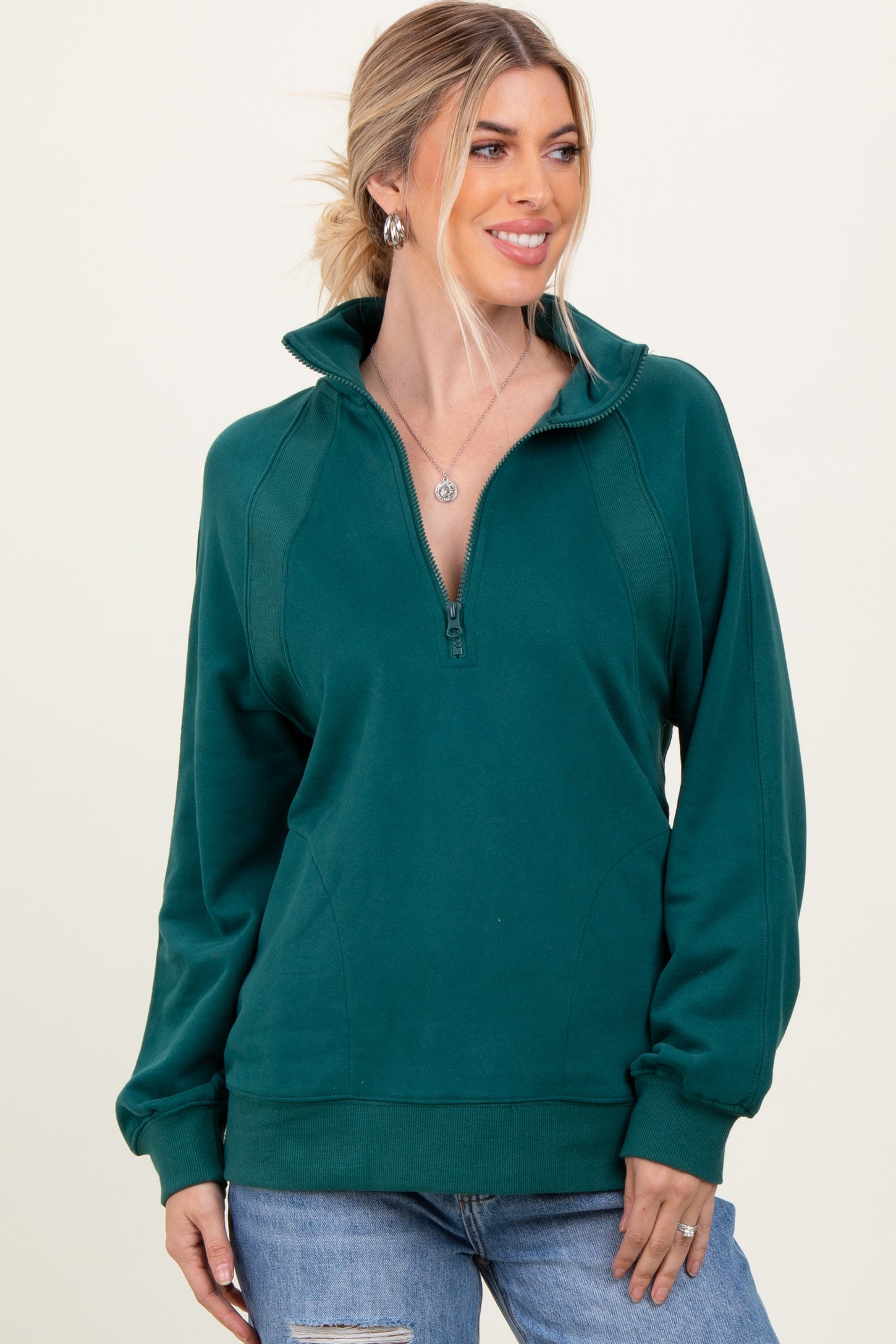 Forest Green Half Zip Contrast Rib Sweatshirt Top