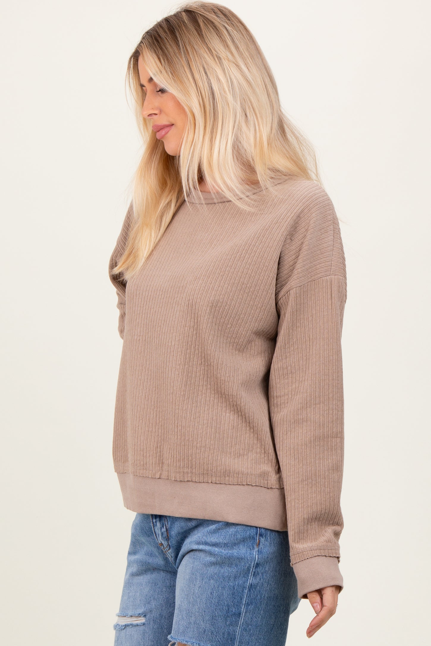 Mocha Ribbed Brushed Knit Pullover Top