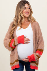 Camel Chunky Knit Stripe Detail Maternity Sweater Cardigan