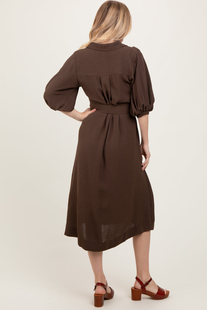 Brown Sash Tie Midi Shirt Dress