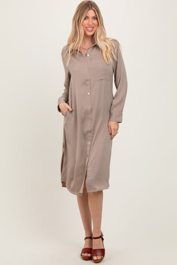 Light Taupe Long Sleeve Midi Shirt Dress