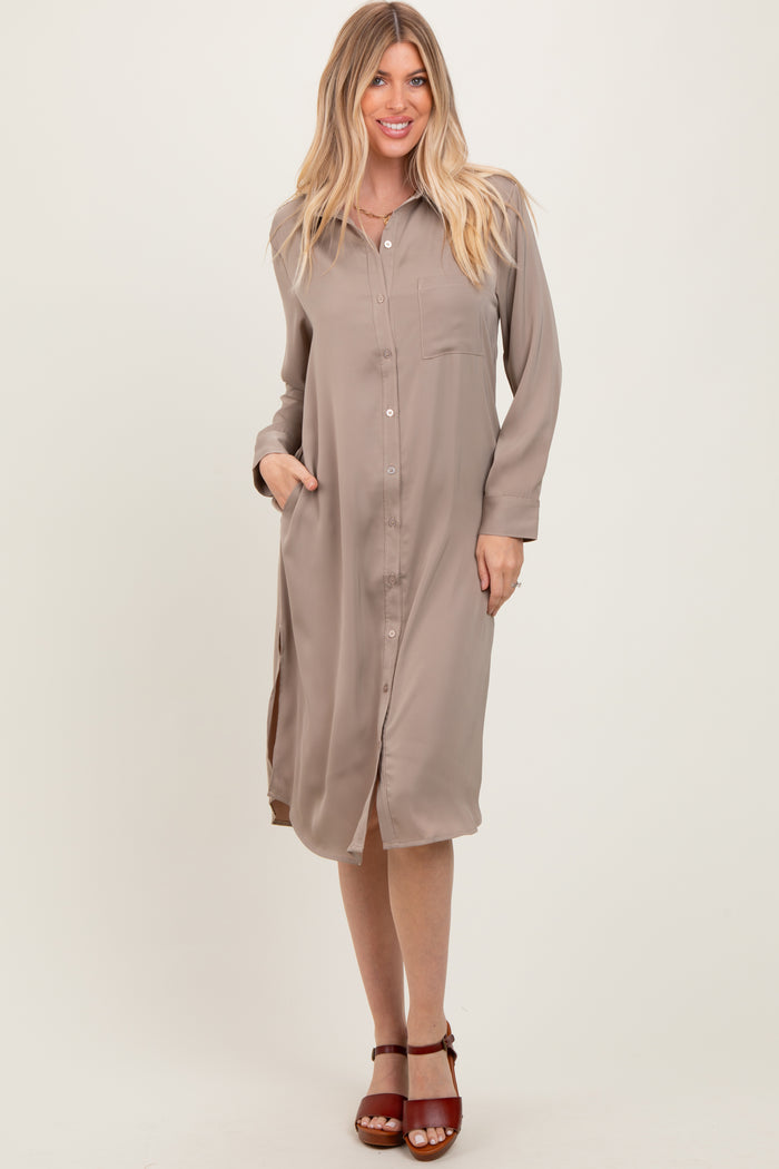 Light Taupe Long Sleeve Midi Shirt Dress