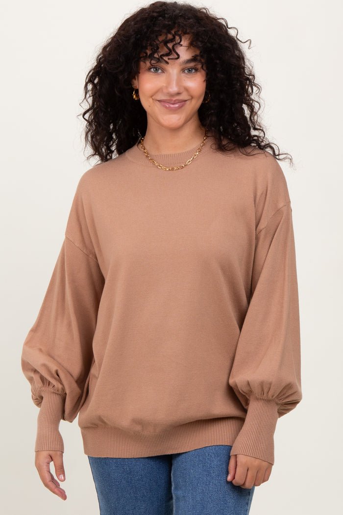 Mocha Fine Knit Balloon Sleeve Maternity Sweater