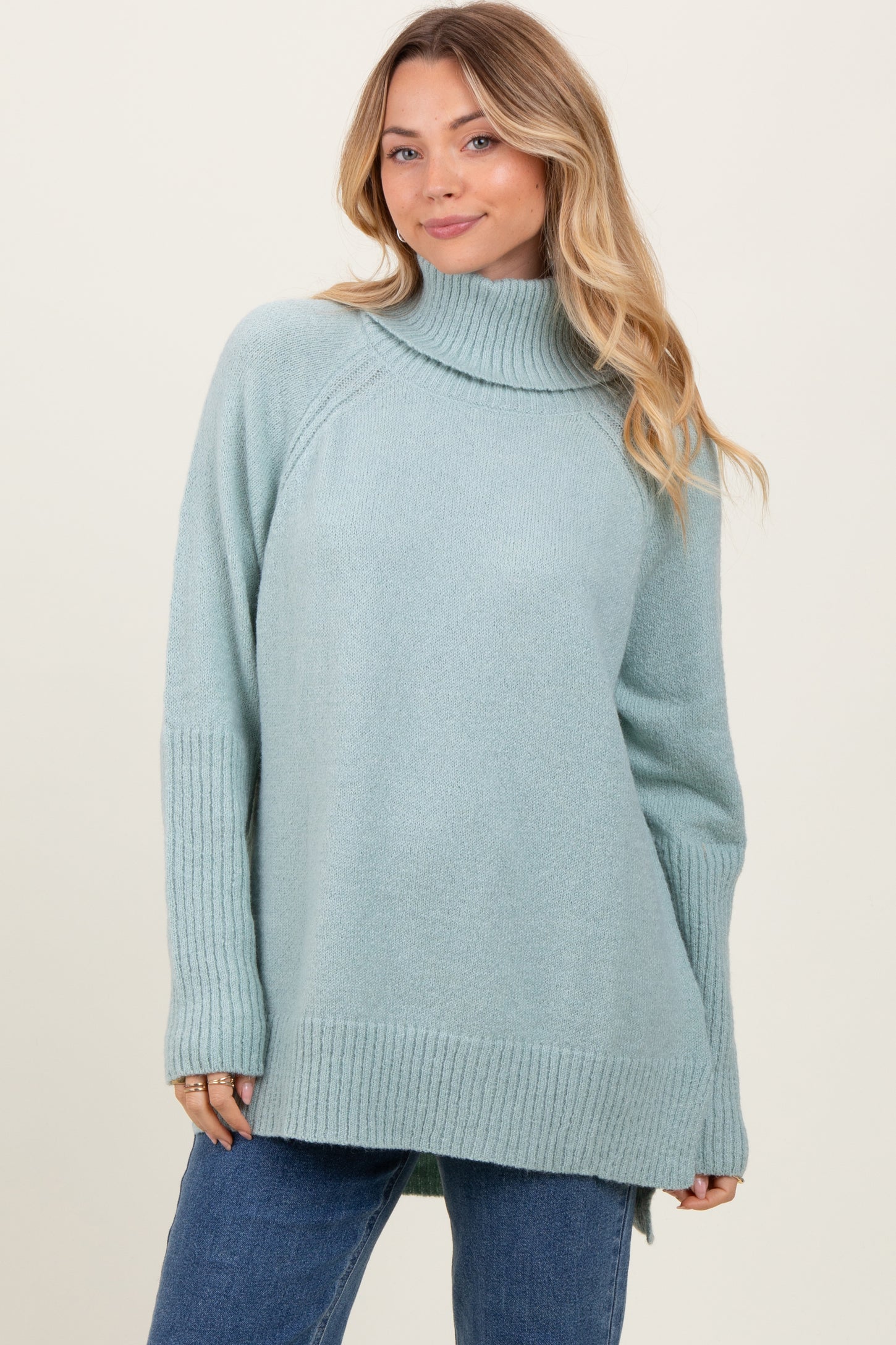 Light Olive Contrast Rib Turtle Neck Sweater