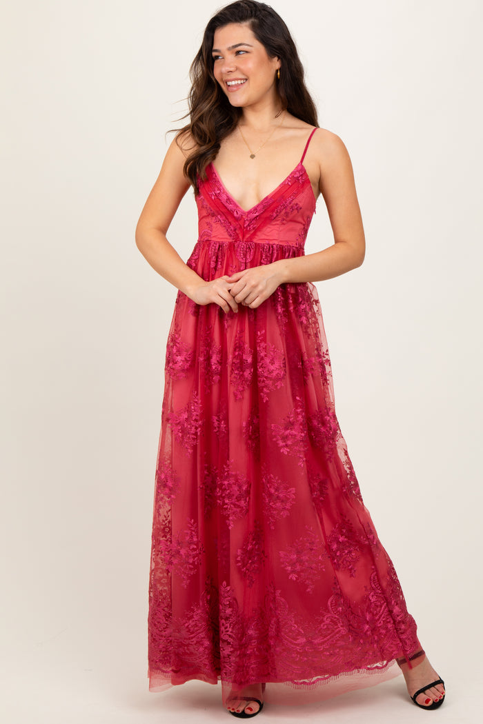 Red Floral Lace Overlay Maternity Maxi Dress