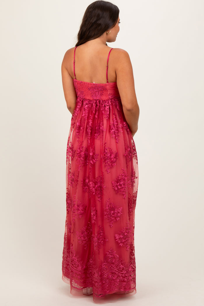 Red Floral Lace Overlay Maternity Maxi Dress