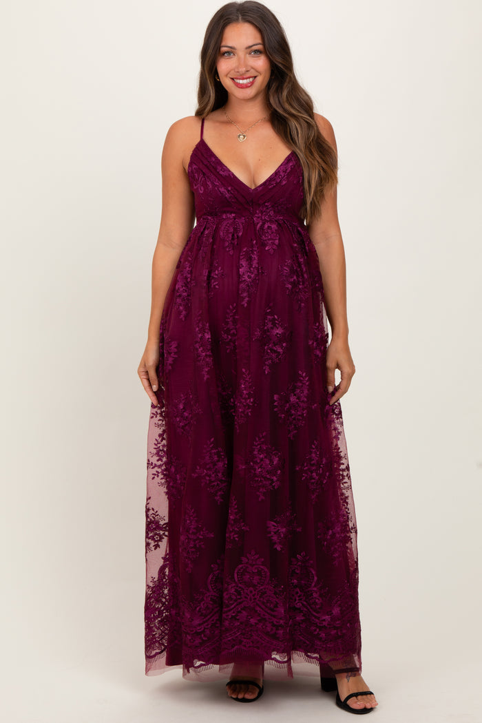 Plum Floral Lace Overlay Maternity Maxi Dress