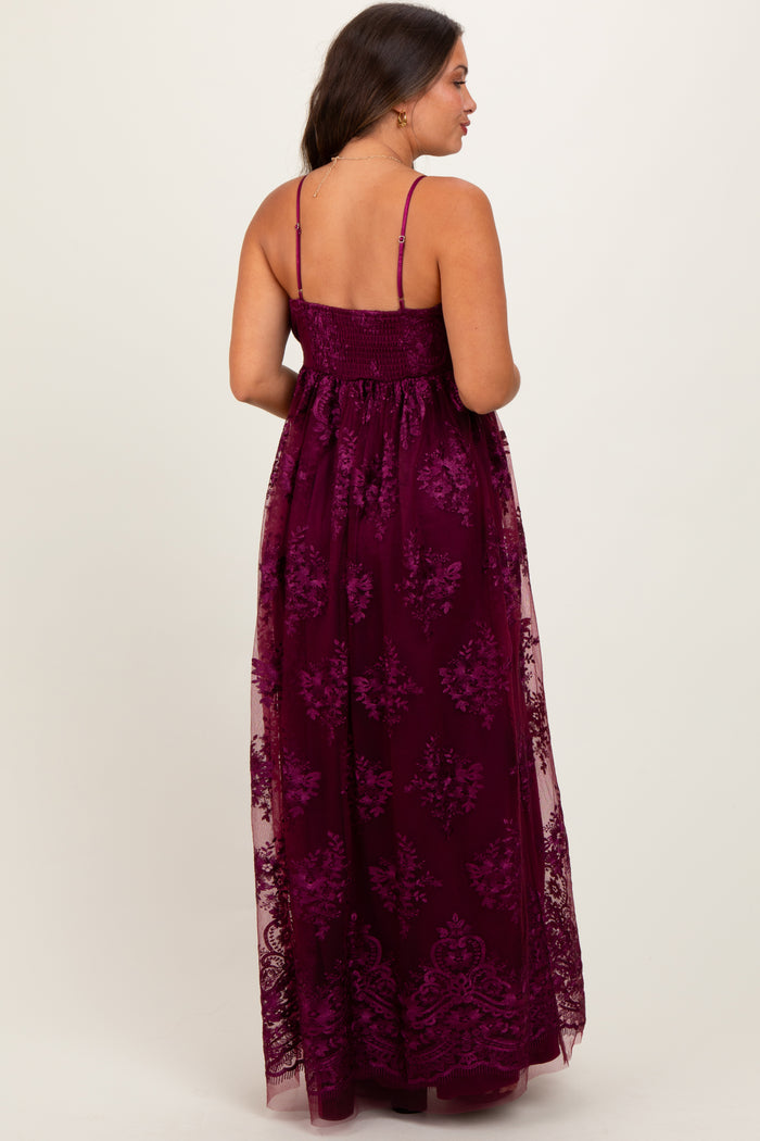Plum Floral Lace Overlay Maternity Maxi Dress