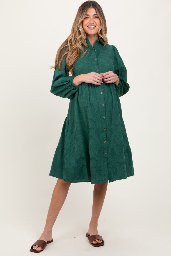 Forest Green Tiered Button Down Maternity Shirt Dress