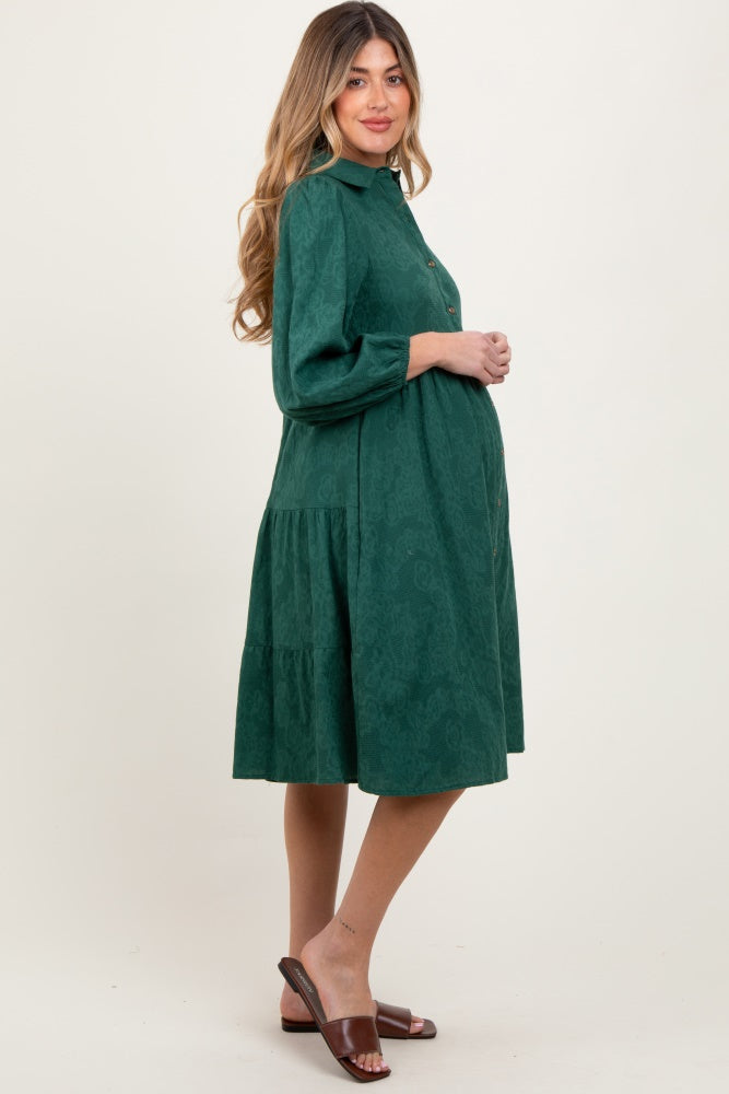 Forest Green Tiered Button Down Maternity Shirt Dress