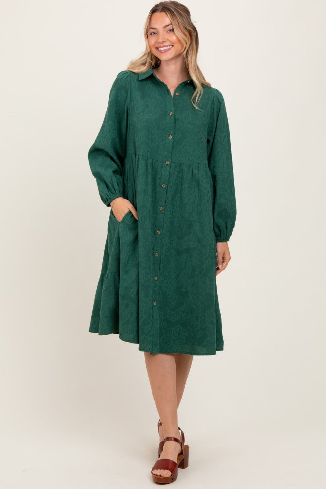 Forest Green Tiered Button Down Maternity Shirt Dress