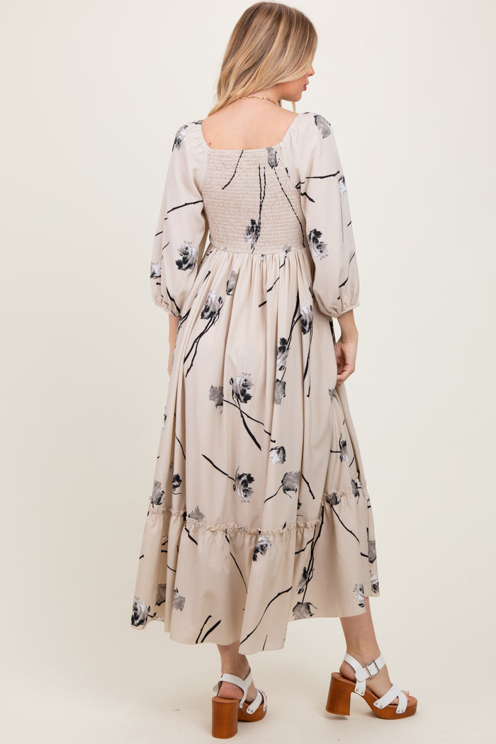 Cream Floral Square Neck Midi Dress