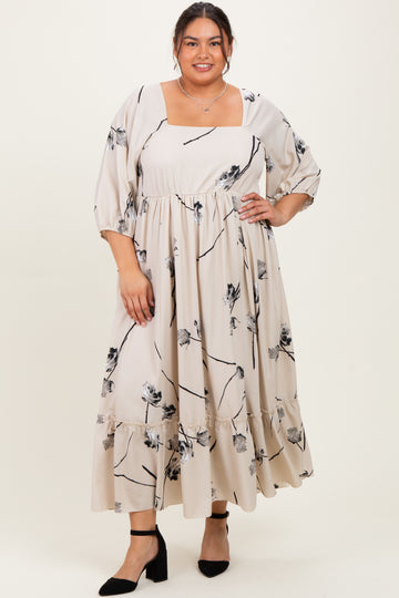 Cream Floral Square Neck Plus Midi Dress