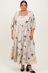 Cream Floral Square Neck Plus Midi Dress