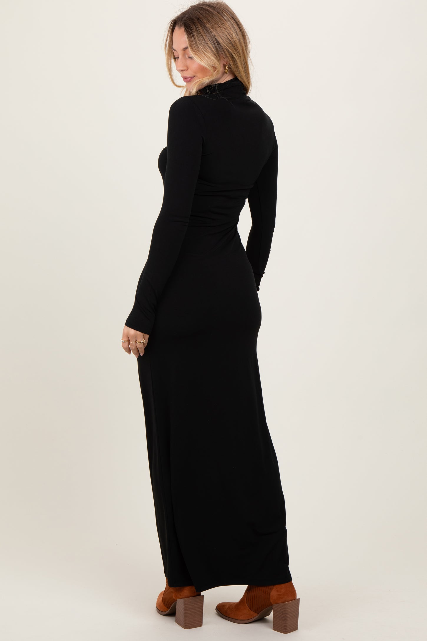 Black Turtleneck Long Sleeve Fitted Maxi Dress