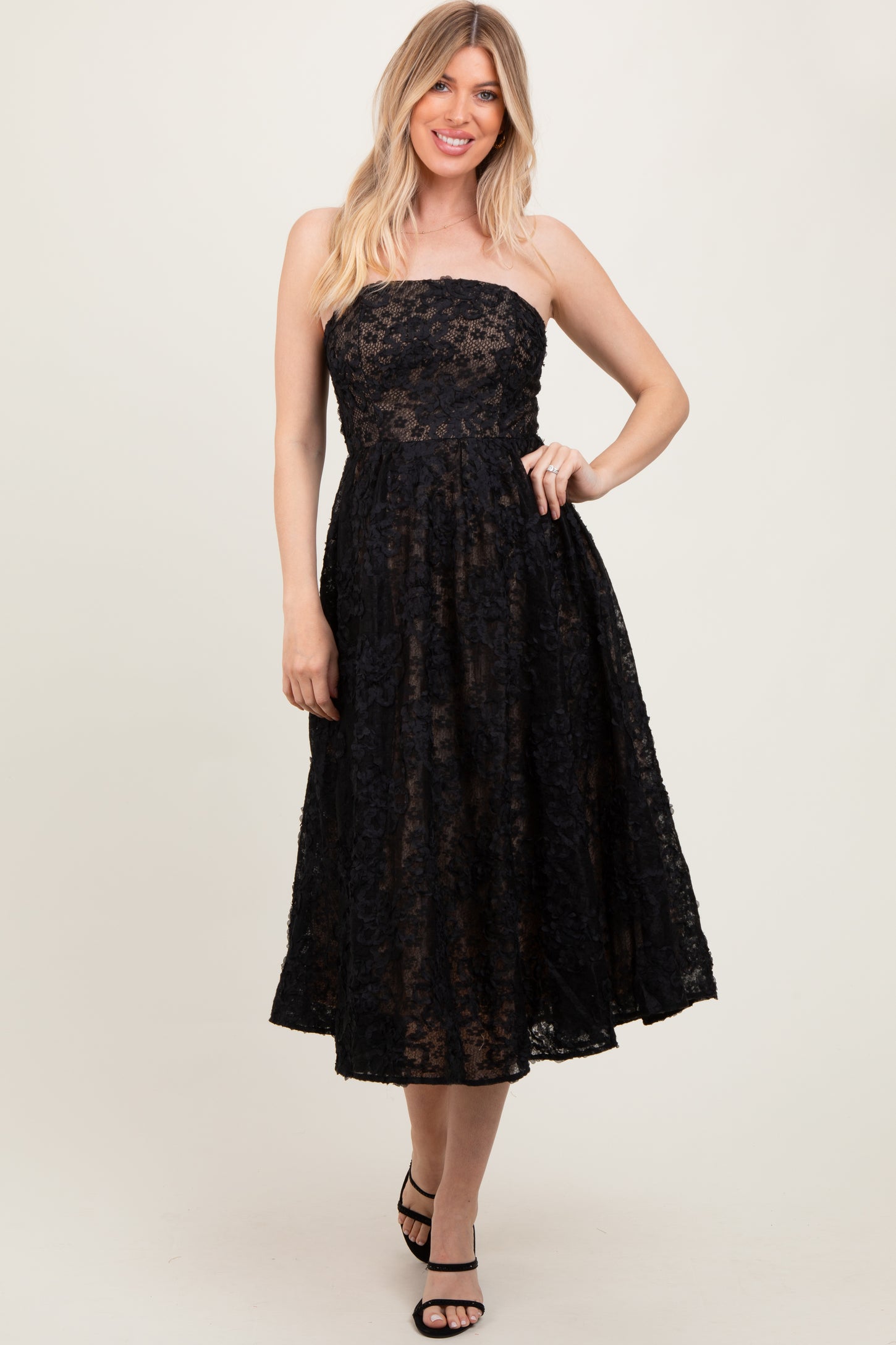 Black Floral Lace Embroidered Overlay Strapless Midi Dress