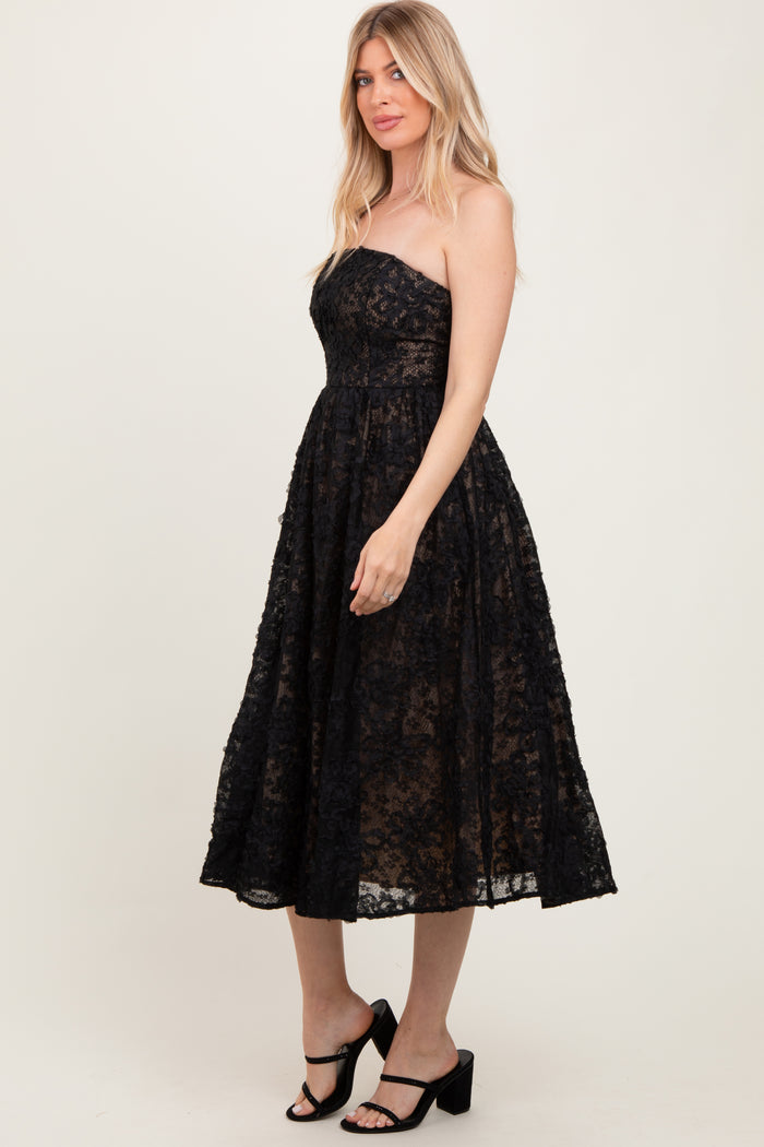 Black Floral Lace Embroidered Overlay Strapless Midi Dress