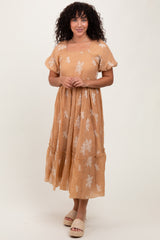 Camel Floral Print Ruffle Hem Midi Dress