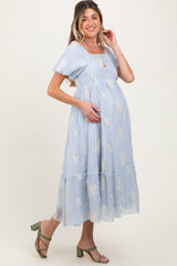 Light Blue Floral Print Ruffle Hem Maternity Midi Dress
