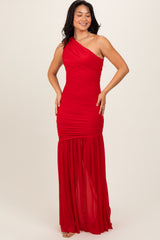 Red Ruched Mesh One Shoulder Maxi Dress