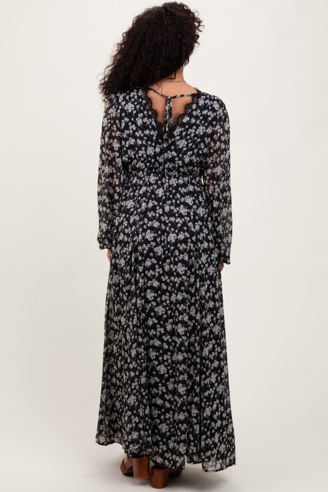 Black Floral Chiffon Lace Trim Back Tie Maxi Dress