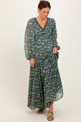 Green Floral Chiffon Lace Trim Back Tie Maxi Dress