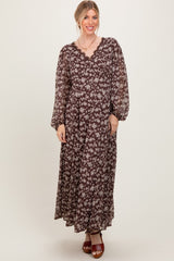 Brown Floral Chiffon Lace Trim Back Tie Maxi Dress