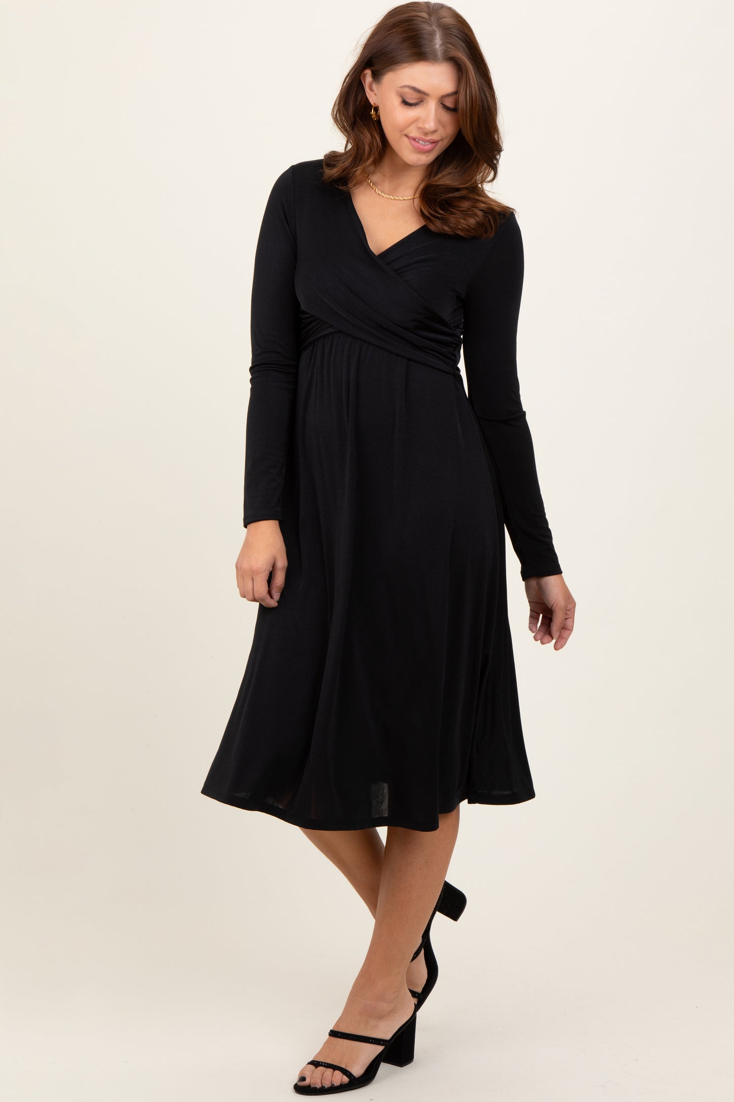 Black Crossover V-Neckline Long Sleeve Maternity Nursing Dress